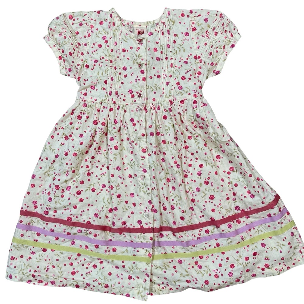 Vintage April Cornell Dress Floral Button Front Girl 2 White Pink Ribbon Pintuck